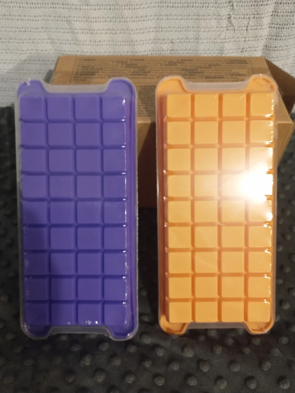 NEW - Two Pack - Silicone Ice Cube Tray Set w/ Plastic Lid - Purple and Orange